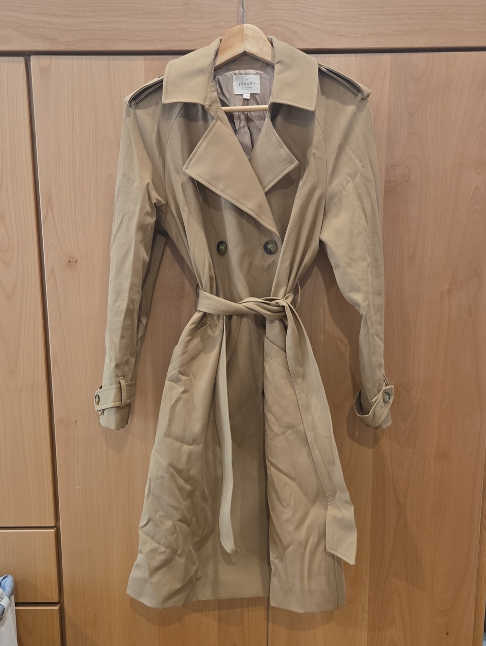 Sezane Scott Trench Classic Tan Double-Breasted Trench Coat, Size 36, GUC